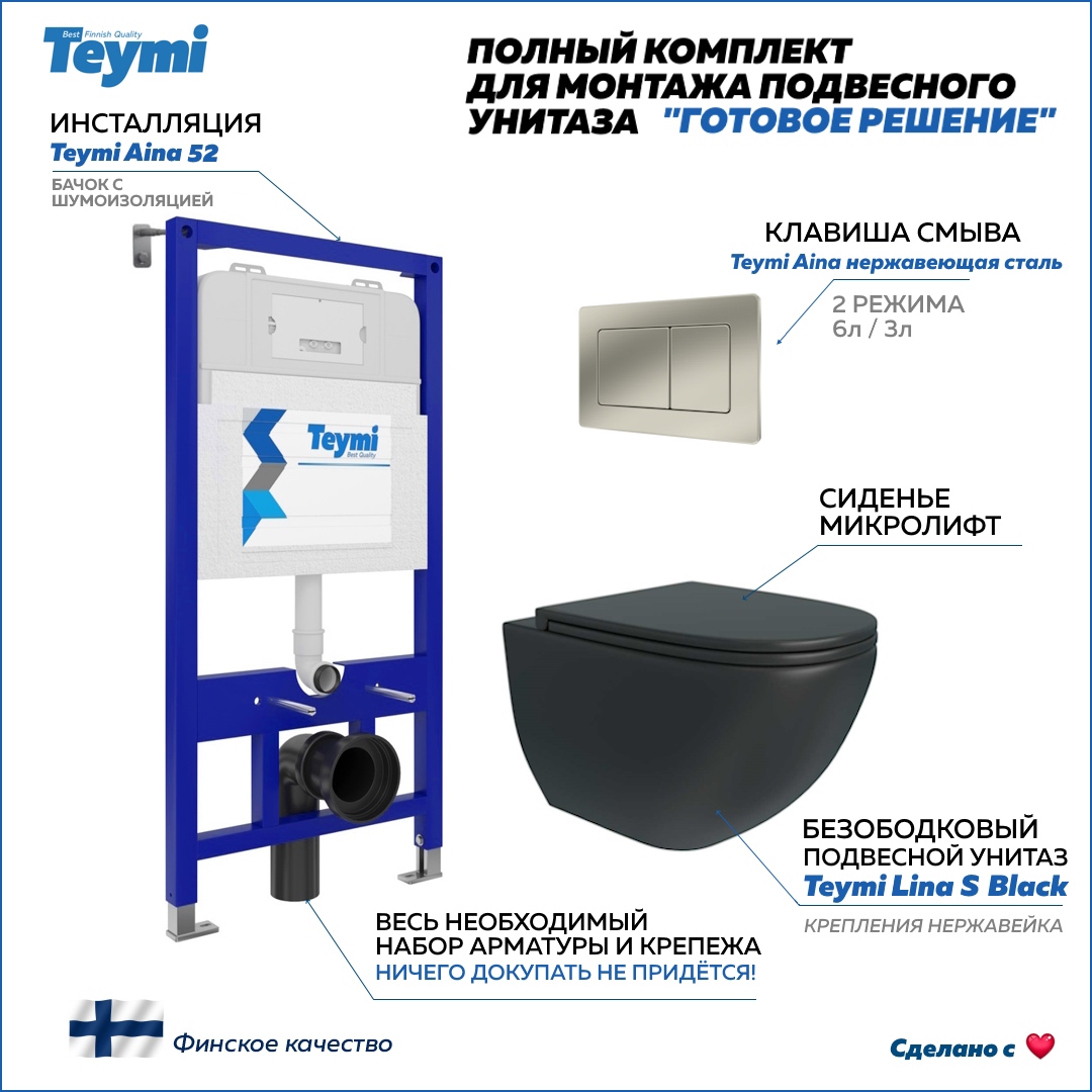 Изображение товара Инсталляция с унитазом 5 в 1 Teymi Lina S Black комплект для монтажа