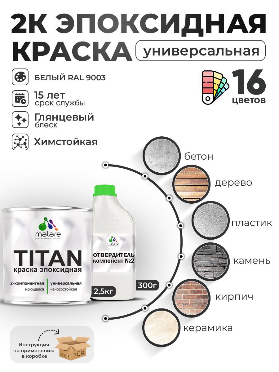 Изображение товара Краска эпоксидная двухкомпонентная Malare Titan высокопрочная глянцевая цвет RAL 9003 белый 2.5 кг отвердитель 0.3 кг