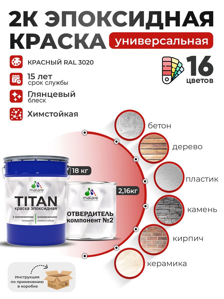 Изображение товара Эпоксидная краска Malare Titan RAL 3020 красный глянцевый 18 л