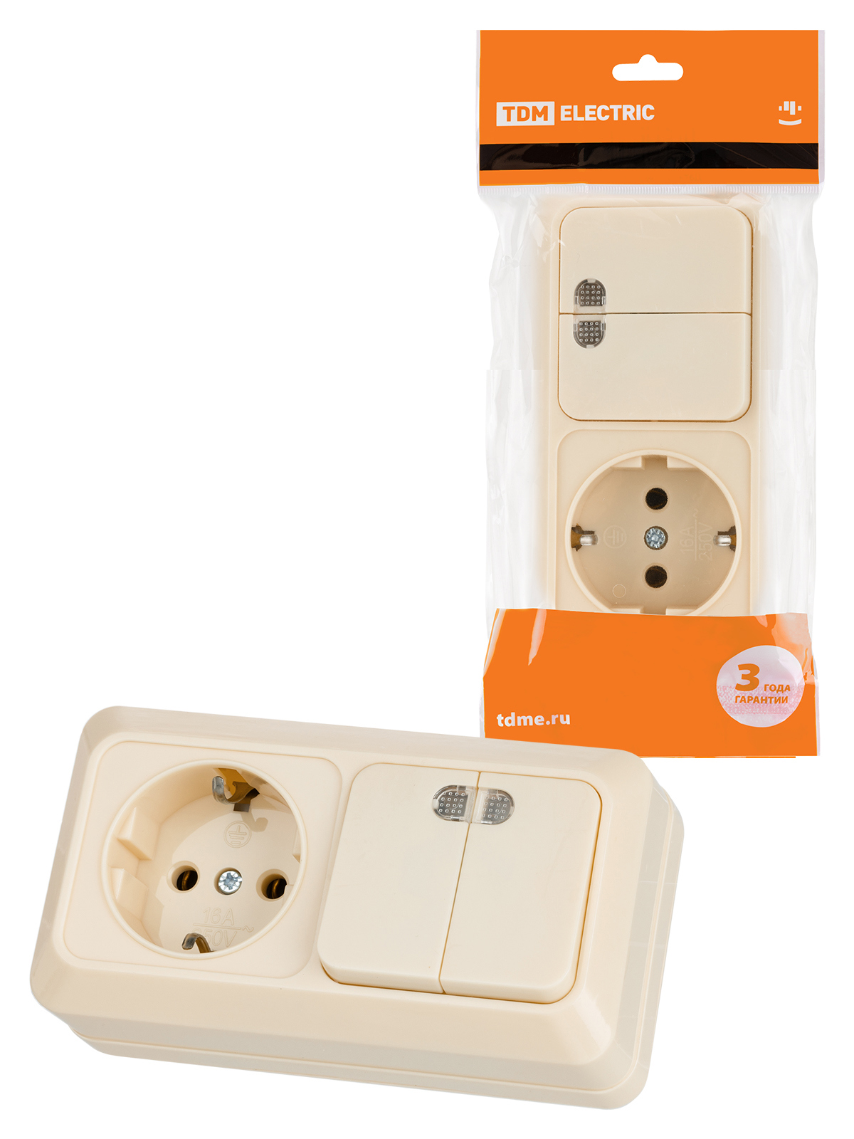 Изображение товара Розетка с выключателем накладная Tdm electric Ладога SQ1801-0204 с заземлением 2 клавиши цвет слоновая кость
