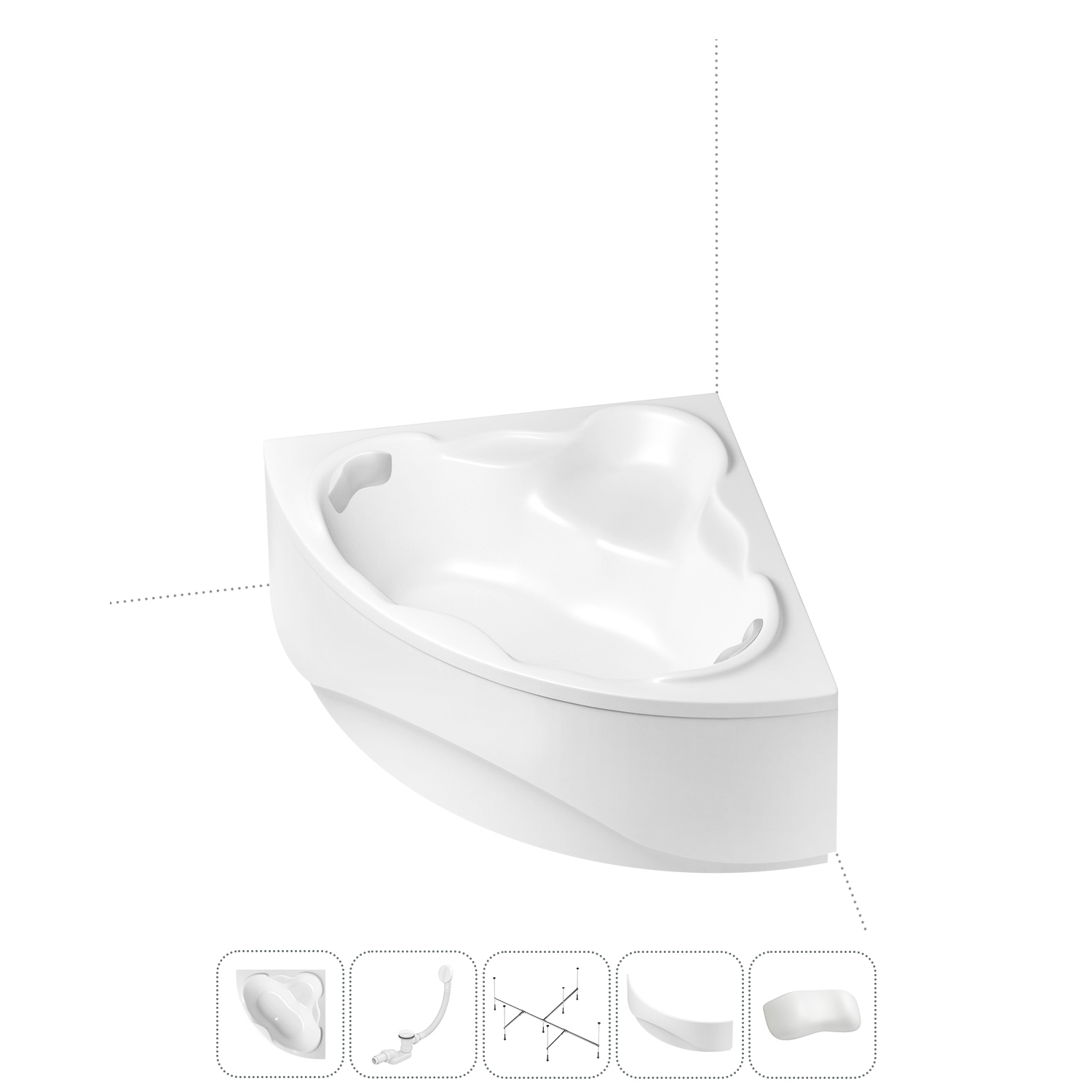 Изображение товара Ванна угловая Lavinia Boho Elegant 202011689 литьевой акрил 140x140 с каркасом, экраном, слив-переливом и подголовником