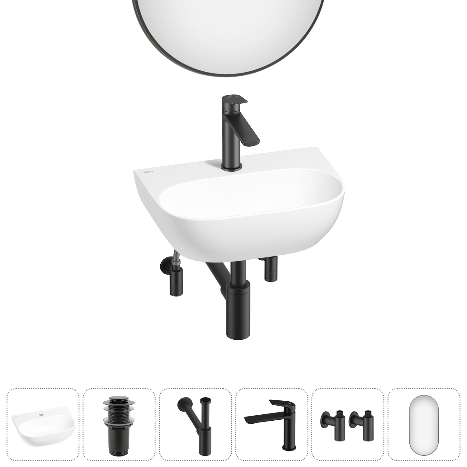 Изображение товара Раковина мини Wellsee WC Area 42 см комплект 6 в 1 белая черная фурнитура