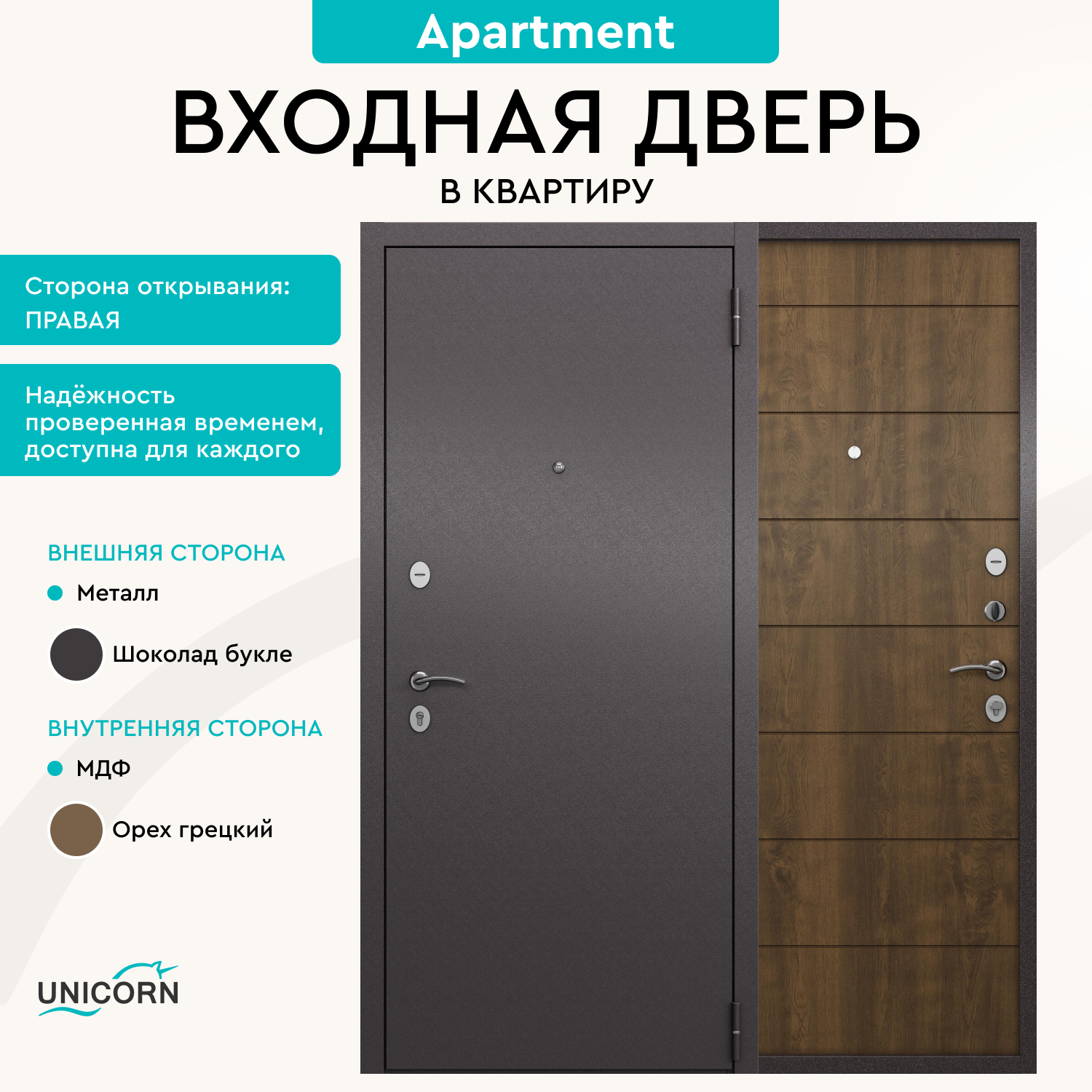 Изображение товара Unicorn Apartment — входная дверь, 205x86 см, коричневый/орех, 2 замка