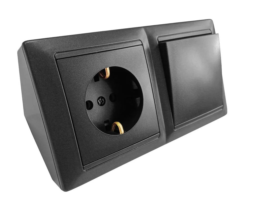 Изображение товара Блок розетка с выключателем угловые накладные Bylectrica Стиль РС16-525 С110-525 ЮЛИГ.735212.215 КУ-442 с заземлением 1 клавиша цвет графит