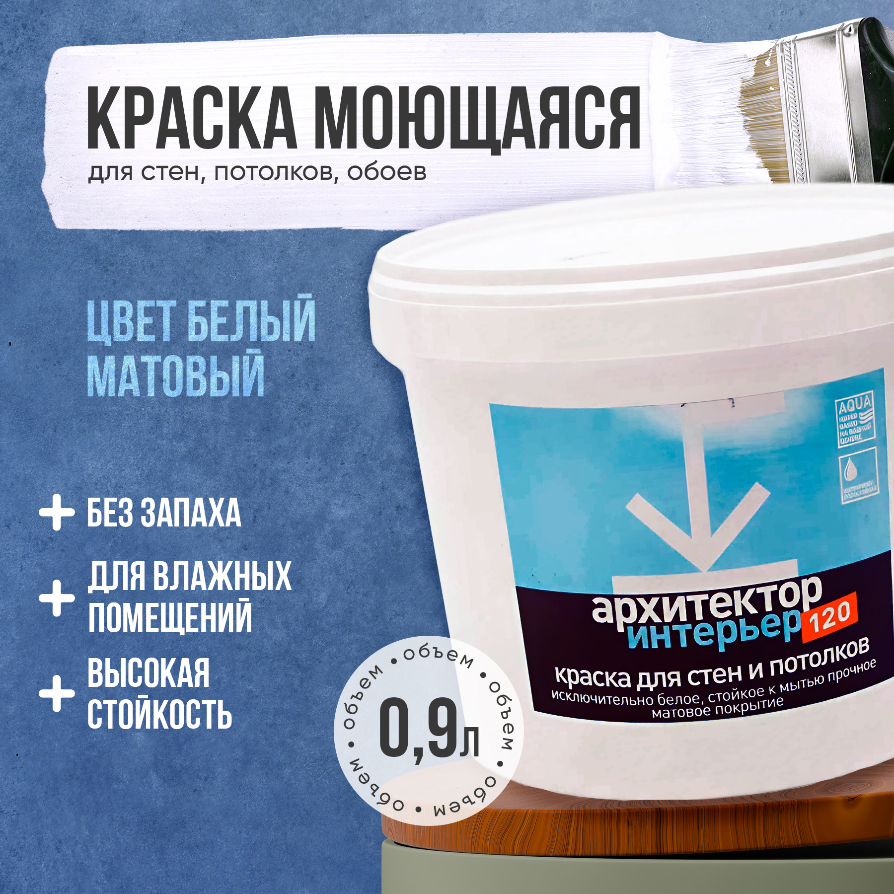 Изображение товара Краска для стен потолков обоев моющаяся Архитектор Интерьер-ВД-АК-120 без запаха быстросохнущая белая матовая 0.9 л