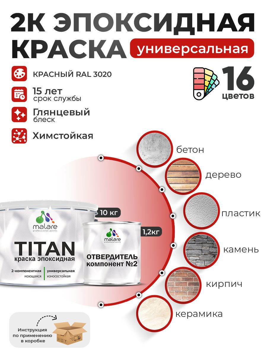 Изображение товара Краска эпоксидная двухкомпонентная Malare Titan высокопрочная глянцевая цвет RAL 3020 красный 10 кг отвердитель 1.2 кг Изображение товара Краска эпоксидная двухкомпонентная Malare Titan высокопрочная глянцевая цвет RAL 3020 красный 10 кг отвердитель 1.2 кг