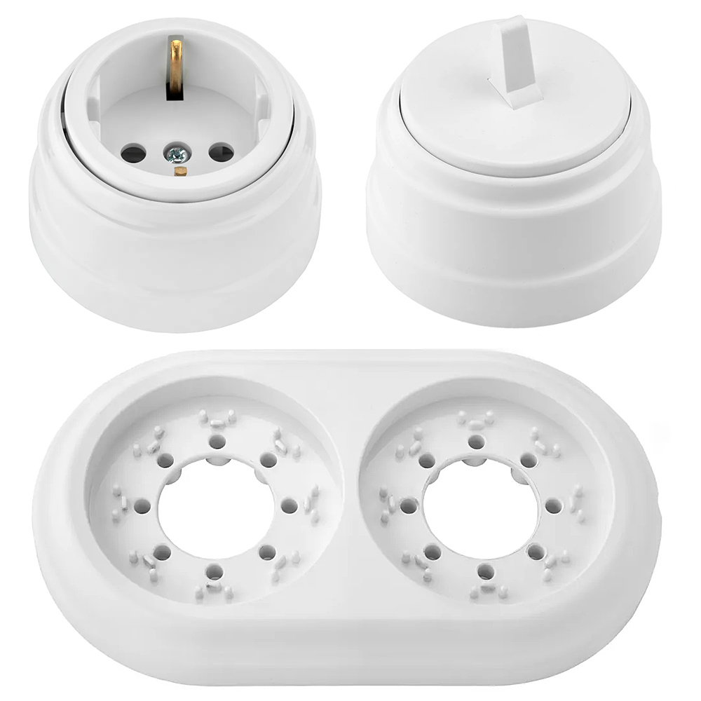 Изображение товара Розетка с выключателем и рамкой 2 поста накладные Bylectrica Ретро РА16-0202 А110-2203 ЮЛИГ.735212.471 с заземлением цвет белый