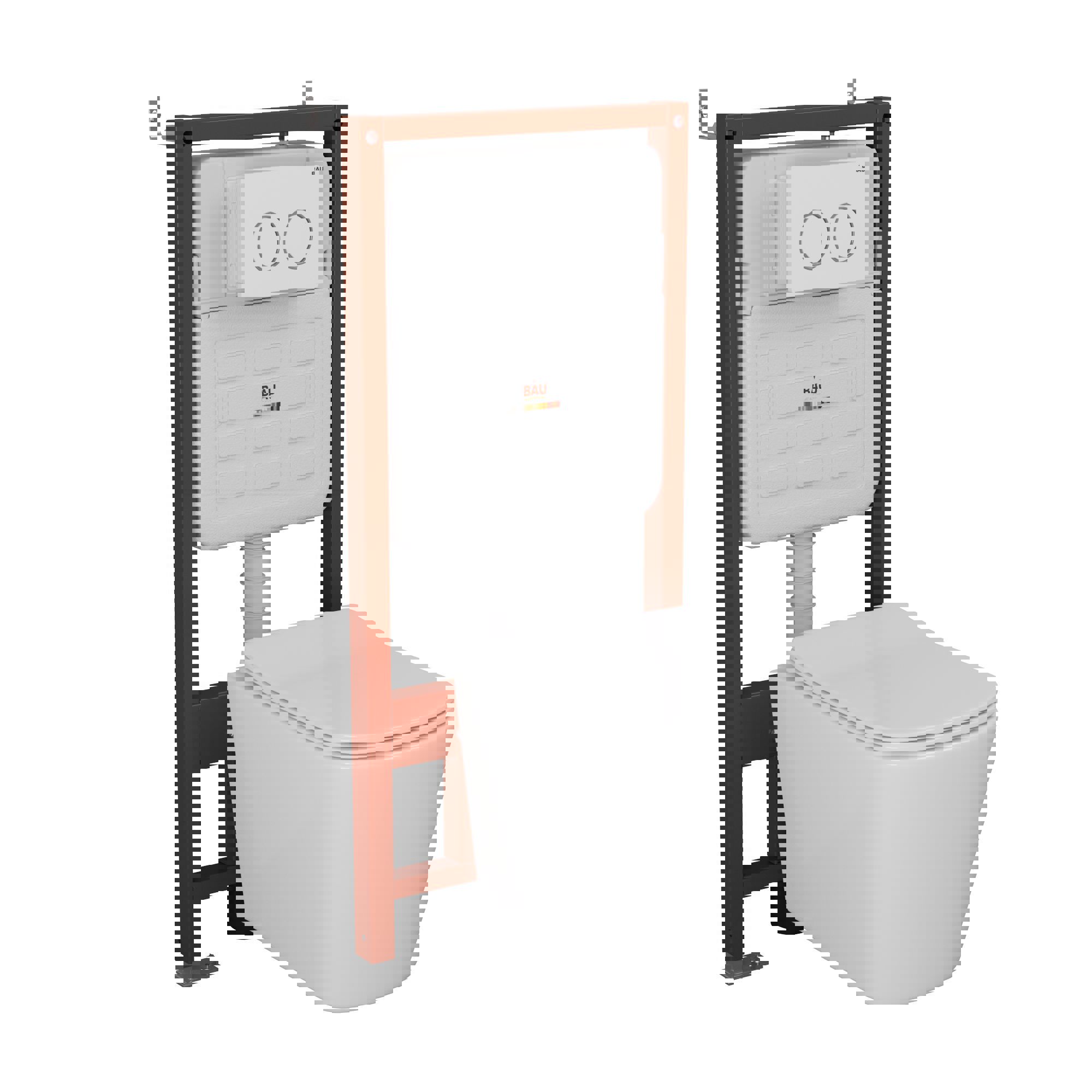 Изображение товара Комплект BAUEDGE E458103-BS0001-HQ-E00116 6 в 1: инсталляция IDEAL, унитаз безободковый Stil Hurricane, быстросъемное микролифт, кнопка Round