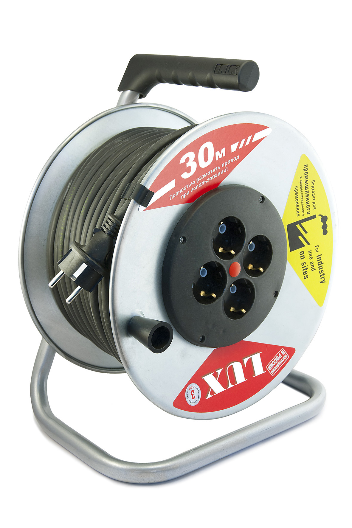 Изображение товара Удлинитель на катушке Lux 45130 КГ 3x2.5 30 м 4 розетки 3500 Вт с заземлением IP20 цвет черный/серый
