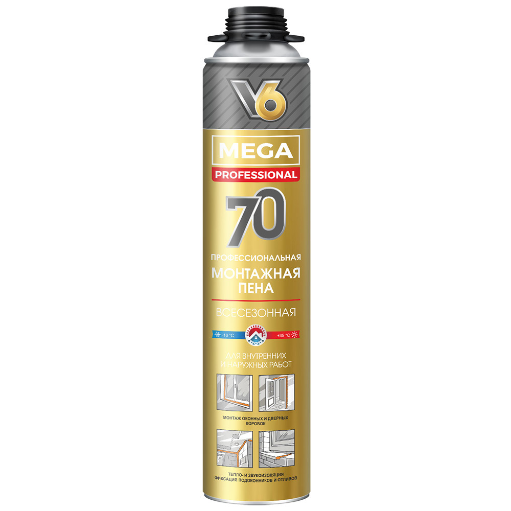 Изображение товара Пена монтажная профессиональная V6 Mega 70 всесезонная 900 г Изображение товара Пена монтажная профессиональная V6 Mega 70 всесезонная 900 г