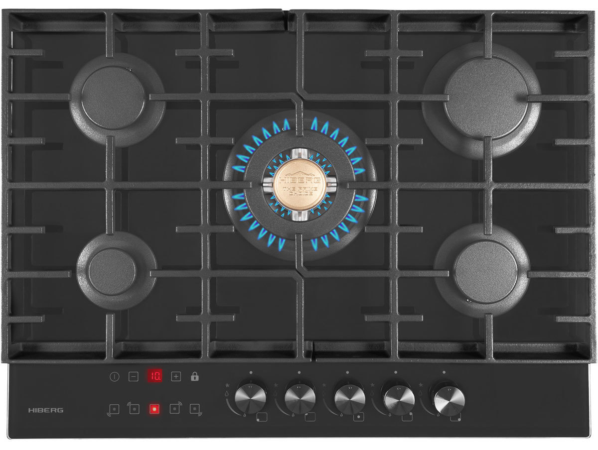 Изображение товара Газовая варочная панель Hiberg VM 7155 B 5 конфорок черный стекло автоматический таймер