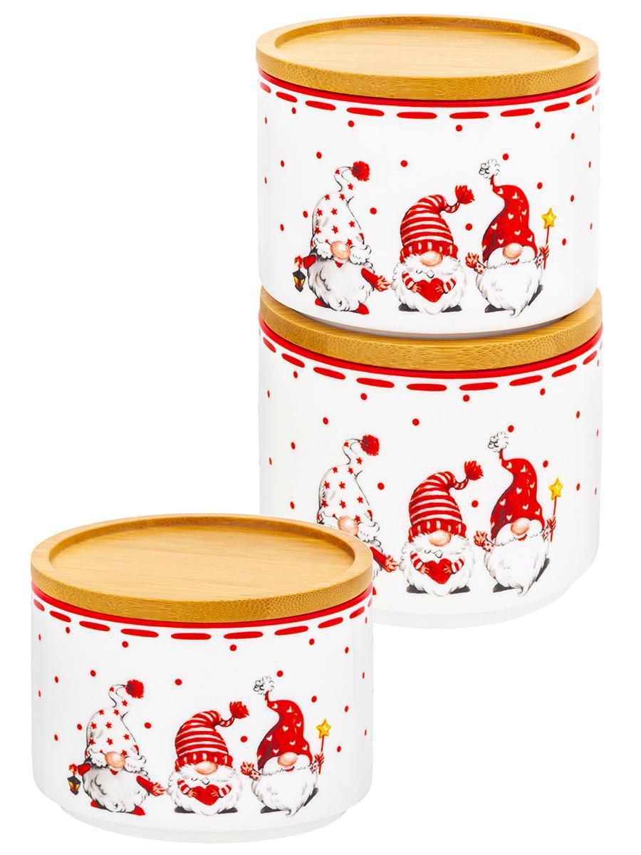 Изображение товара Набор фарфоровых банок Веселые гномики с бамбуковыми крышками 3 шт 250 мл