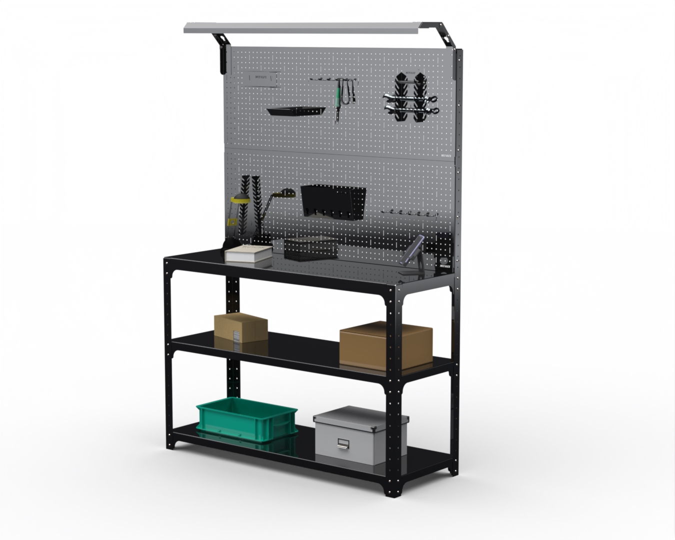 Изображение товара Стол-верстак Metalex 205753 950x400 мм с освещением и полками для мастерской Изображение товара Стол-верстак Metalex 205753 950x400 мм с освещением и полками для мастерской