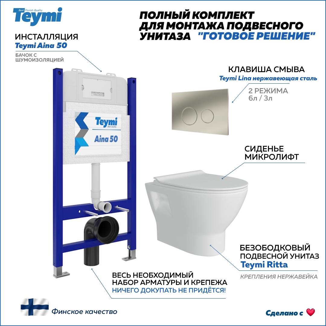 Изображение товара Инсталляция с унитазом комплект 5 в 1 Teymi F13507 унитаз подвесной безободковый Ritta кнопка нержавеющая сталь