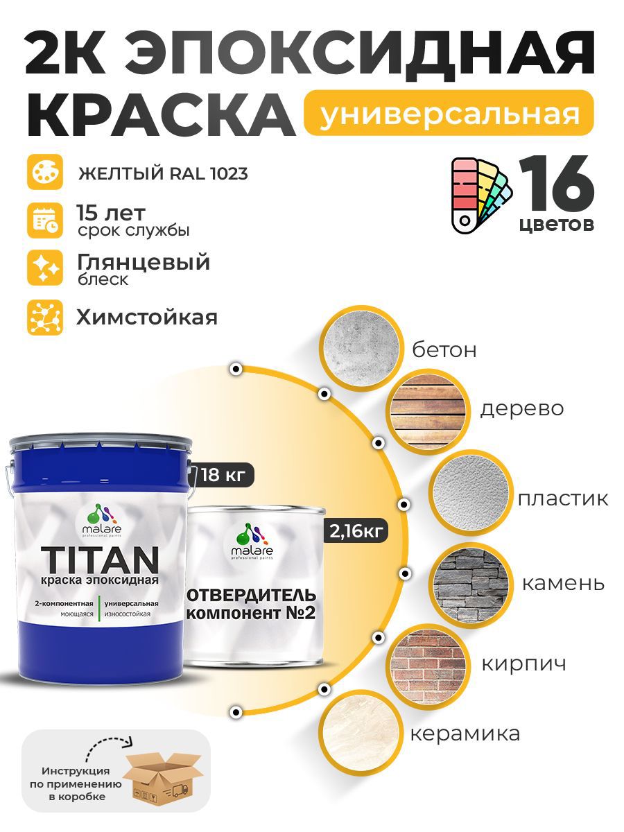Изображение товара Краска эпоксидная двухкомпонентная Malare Titan высокопрочная глянцевая цвет RAL 1023 желтый 18 кг отвердитель 2.16 кг