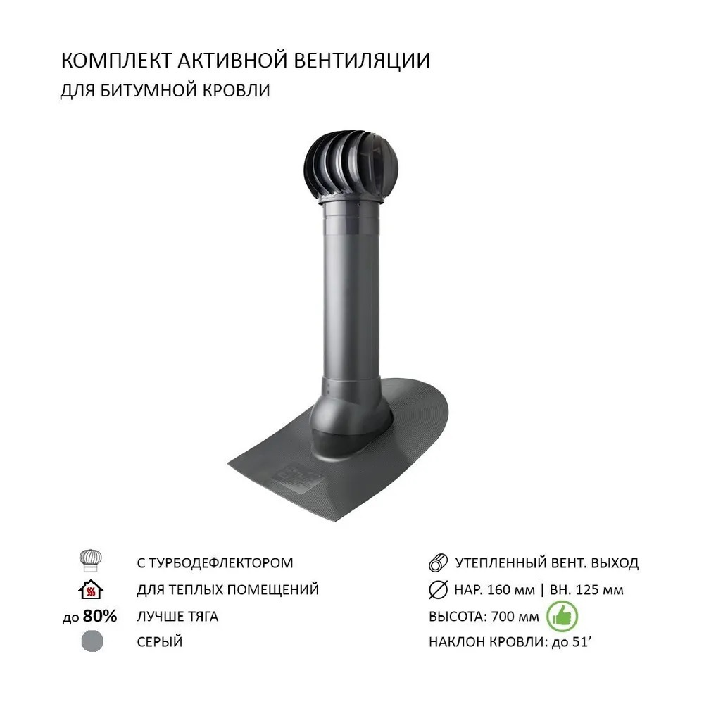 Изображение товара Турбодефлектор Polivent TD160 утепленный Н700 для битумной кровли цвет серый