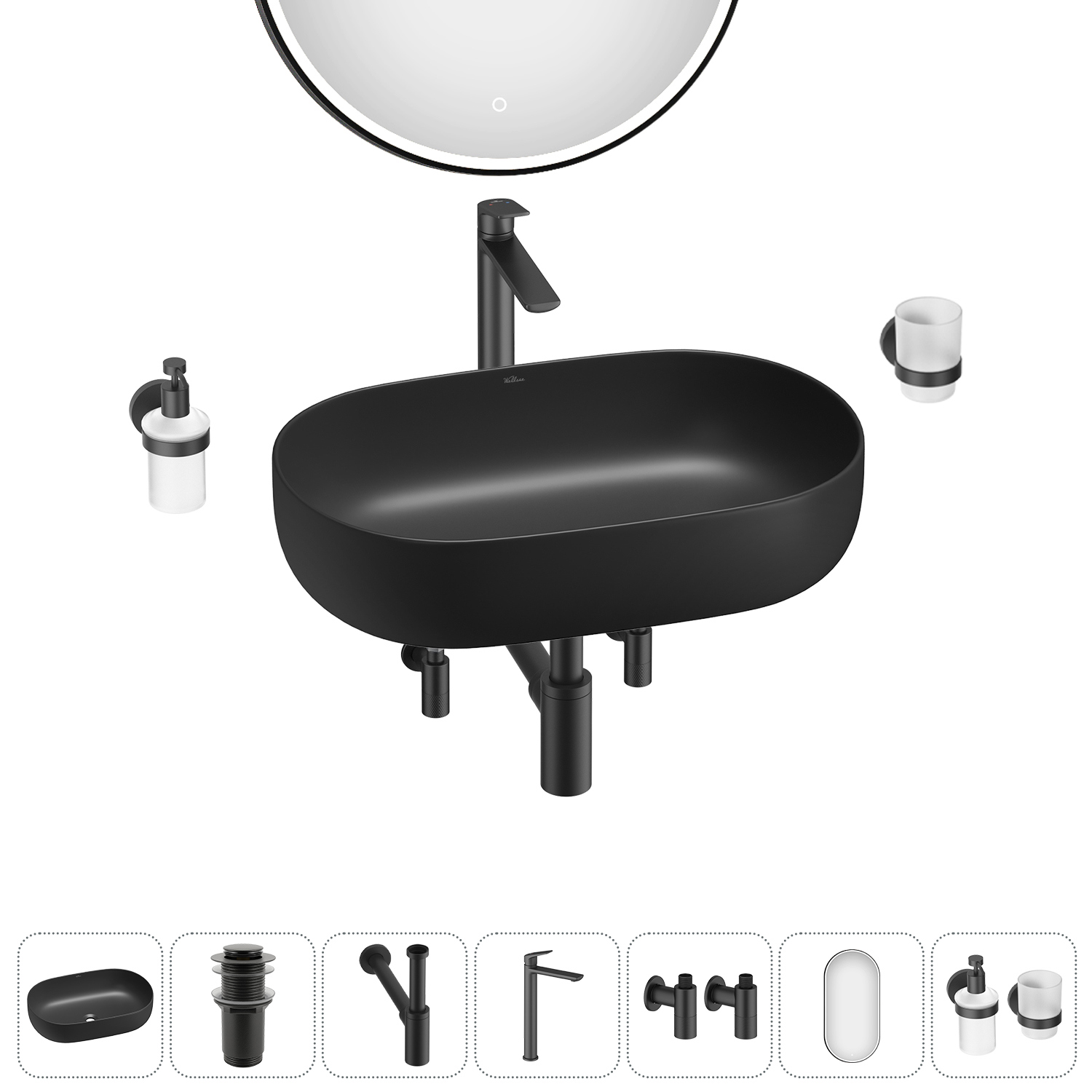 Изображение товара Раковина накладная Wellsee Chic Riviera 48 см комплект 7 в 1 черная