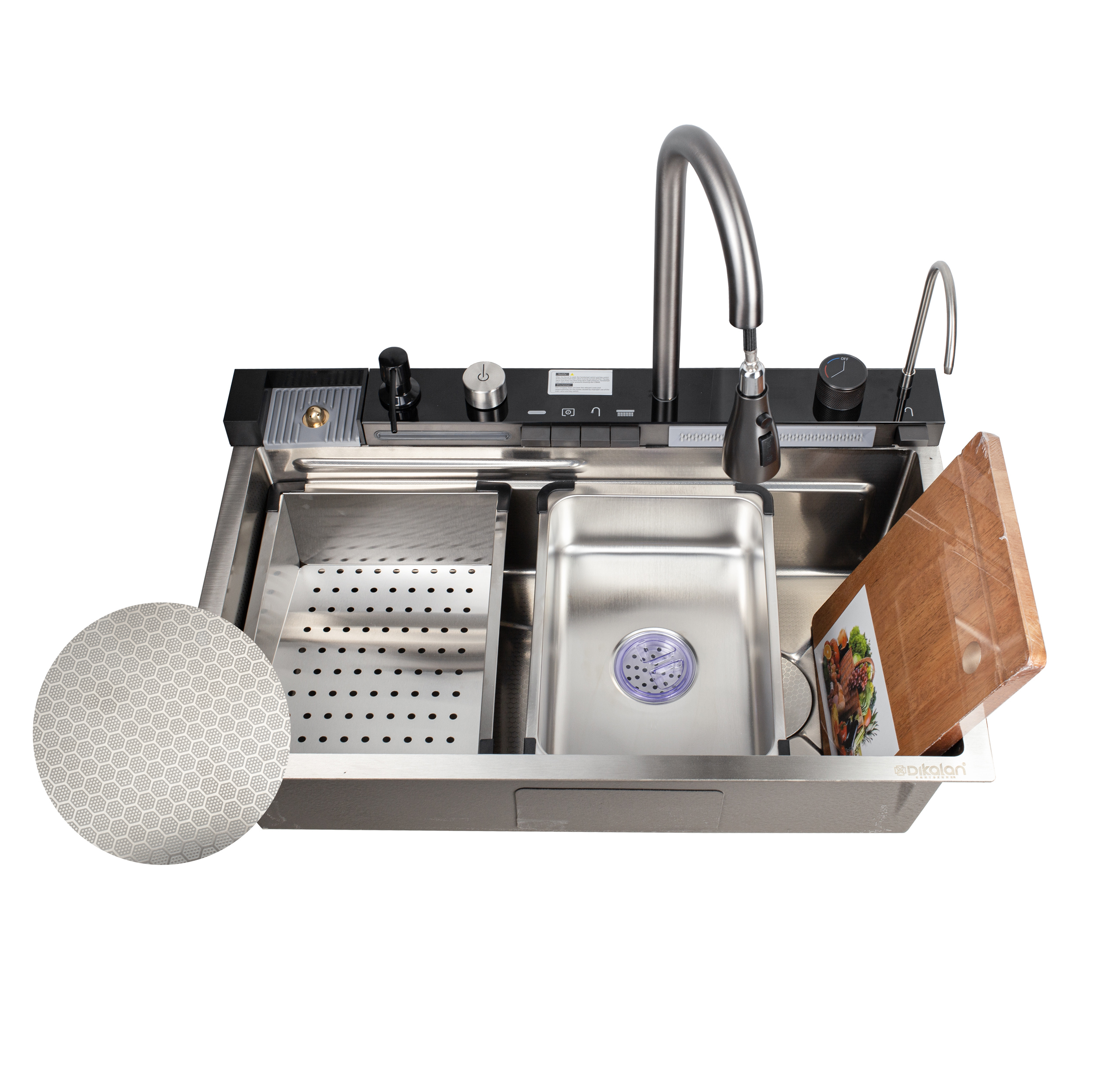 Изображение товара Мойка для кухни Dikalan 75x46 см из нержавеющей стали с дисплеем и комплектом