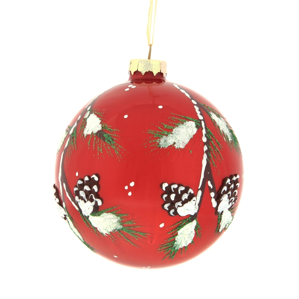 Изображение товара Елочный шар 745265 Заснеженная шишка 10 см стекло красный