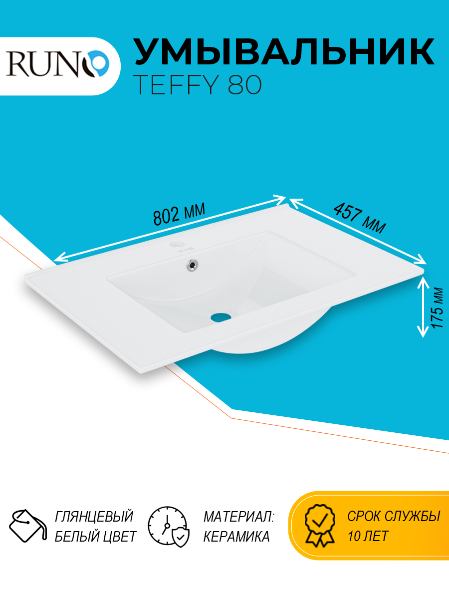 Изображение товара Раковина мебельная Runo Teffy 80 белая из керамики с отверстием под смеситель