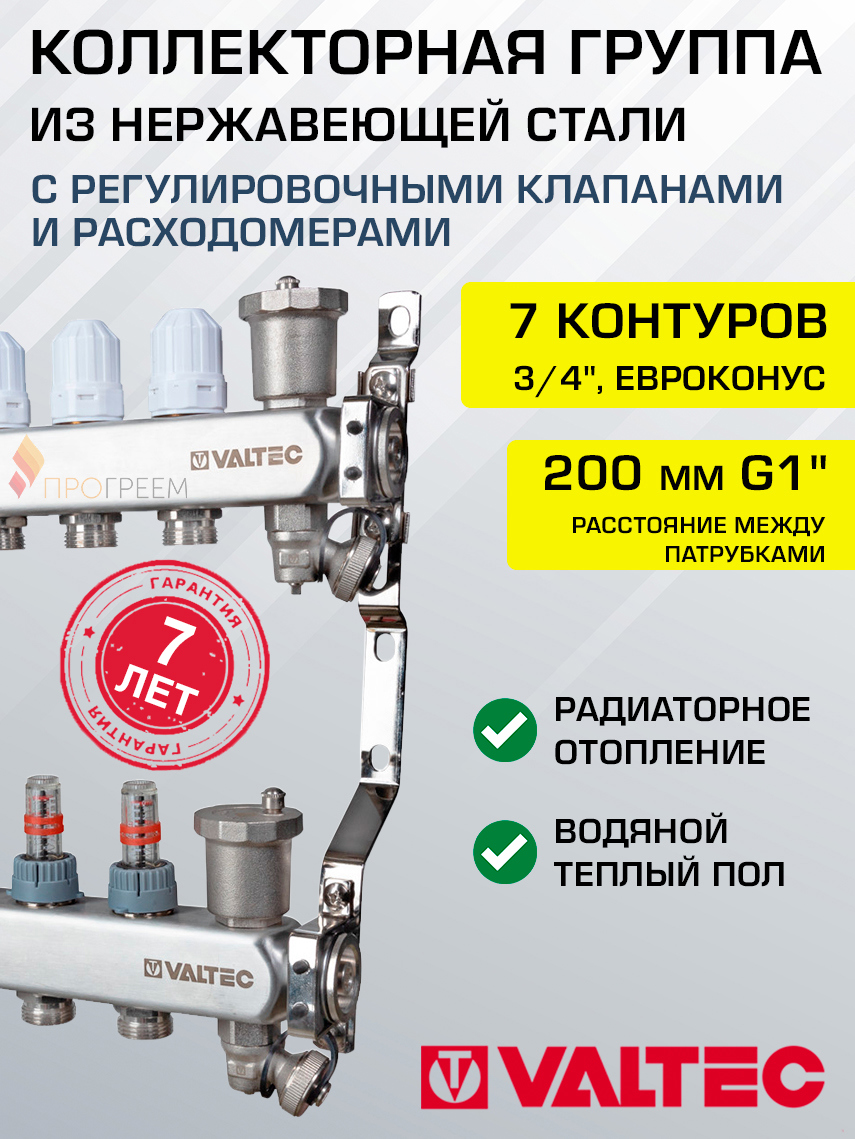 Изображение товара Коллекторная группа с расходомерами Valtec VTc.579.EMNX.0607 1"x3/4" евроконус 7 выходов нержавеющая сталь