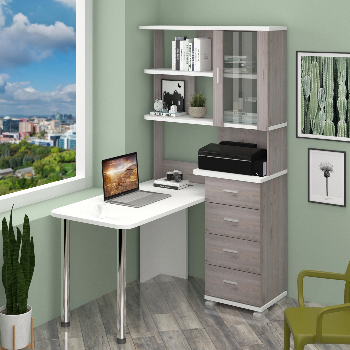 Изображение товара Стол компьютерный угловой Мэрдэс СР-220/130 из ЛДСП белый и ясень шимо светлый