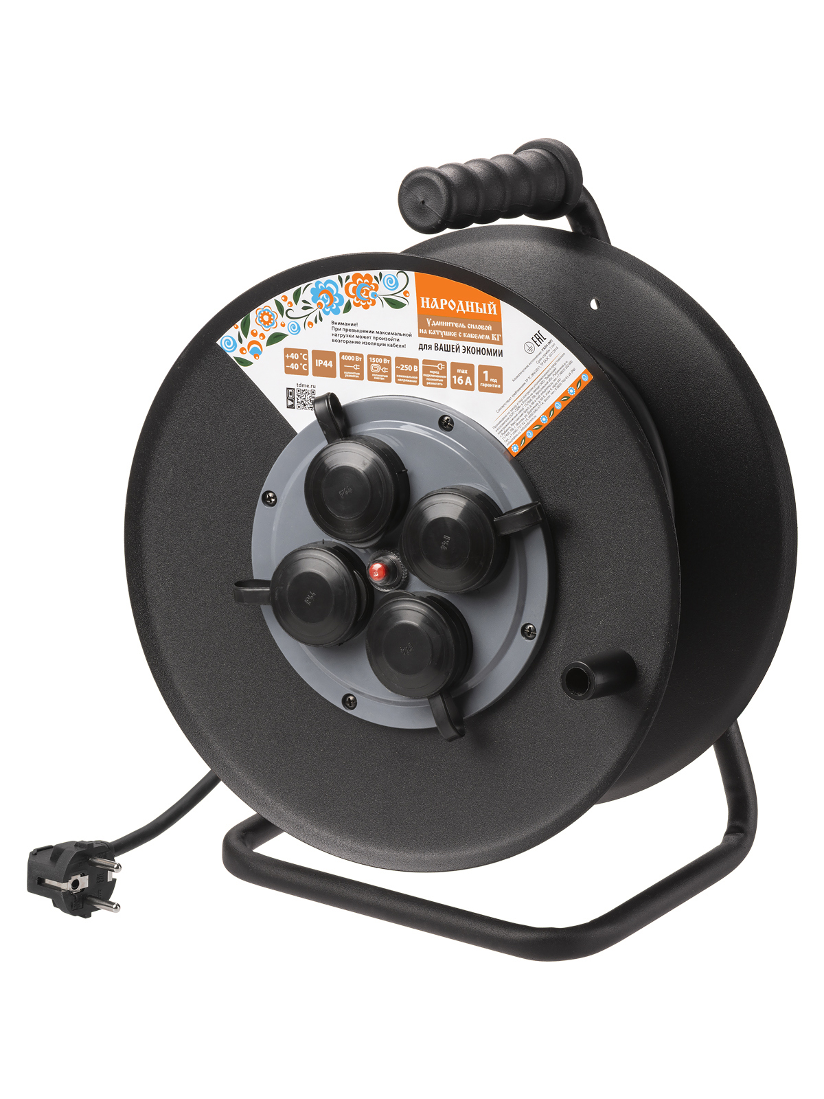 Изображение товара Удлинитель на катушке силовой Tdm electric SQ1307-0170 4 розетки с заземлением 30 м 4000 Вт цвет черный