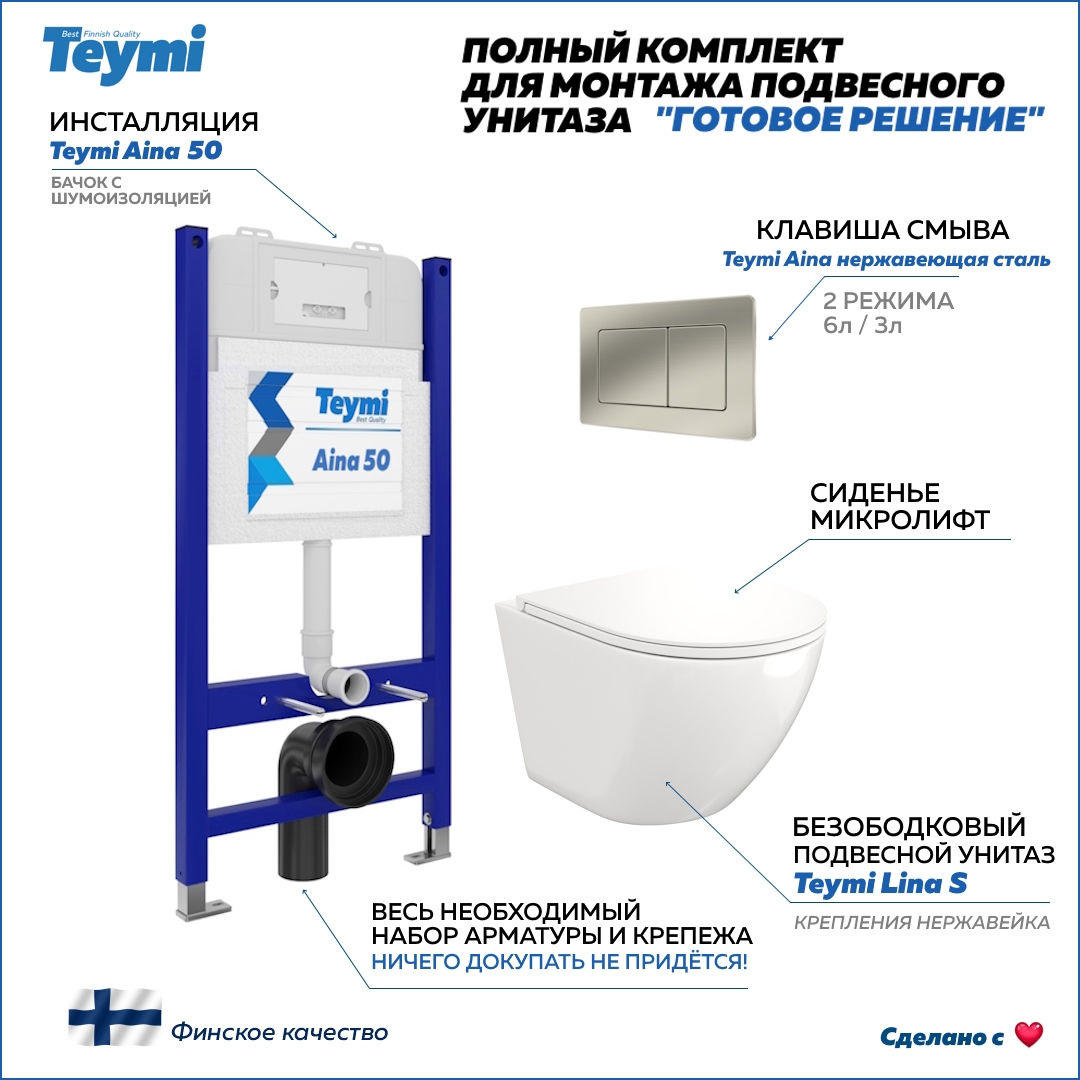 Изображение товара Инсталляция с унитазом комплект 5 в 1 Teymi F13419 унитаз подвесной безободковый Lina S кнопка нержавеющая сталь