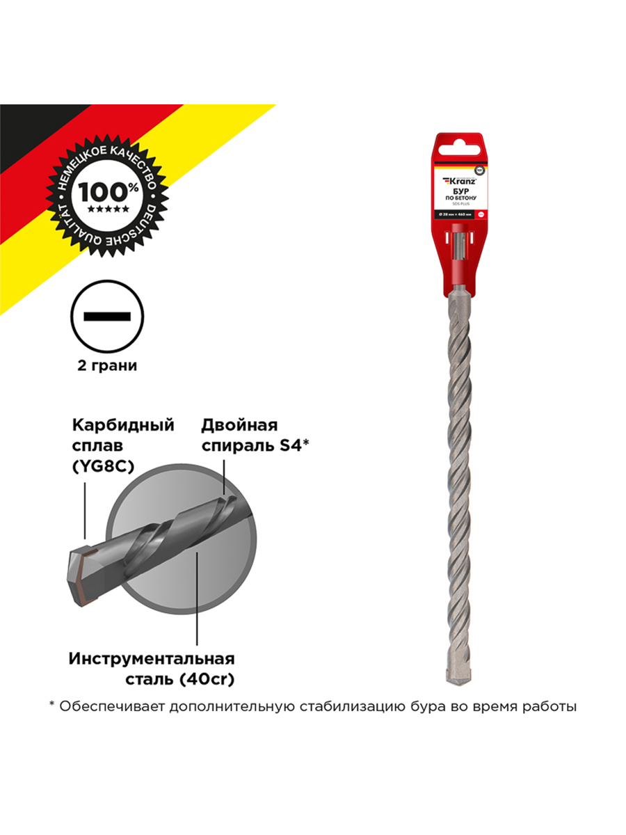 Изображение товара Бур по бетону Kranz KR-91-0058 28x460 мм SDS Plus для камня и кирпича