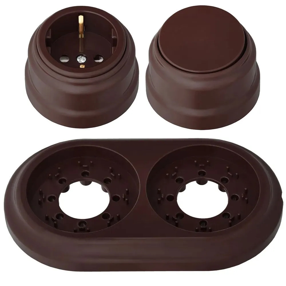 Изображение товара Розетка с выключателем и рамкой 2 поста накладные Bylectrica Ретро РА16-0202 А16-2211 ЮЛИГ.735212.471 с заземлением цвет шоколадный