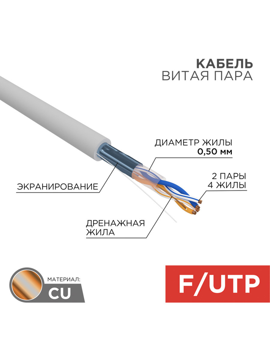 Изображение товара Кабель витая пара Rexant F/UTP CAT 5e PVC 305 м серый для внутренней прокладки