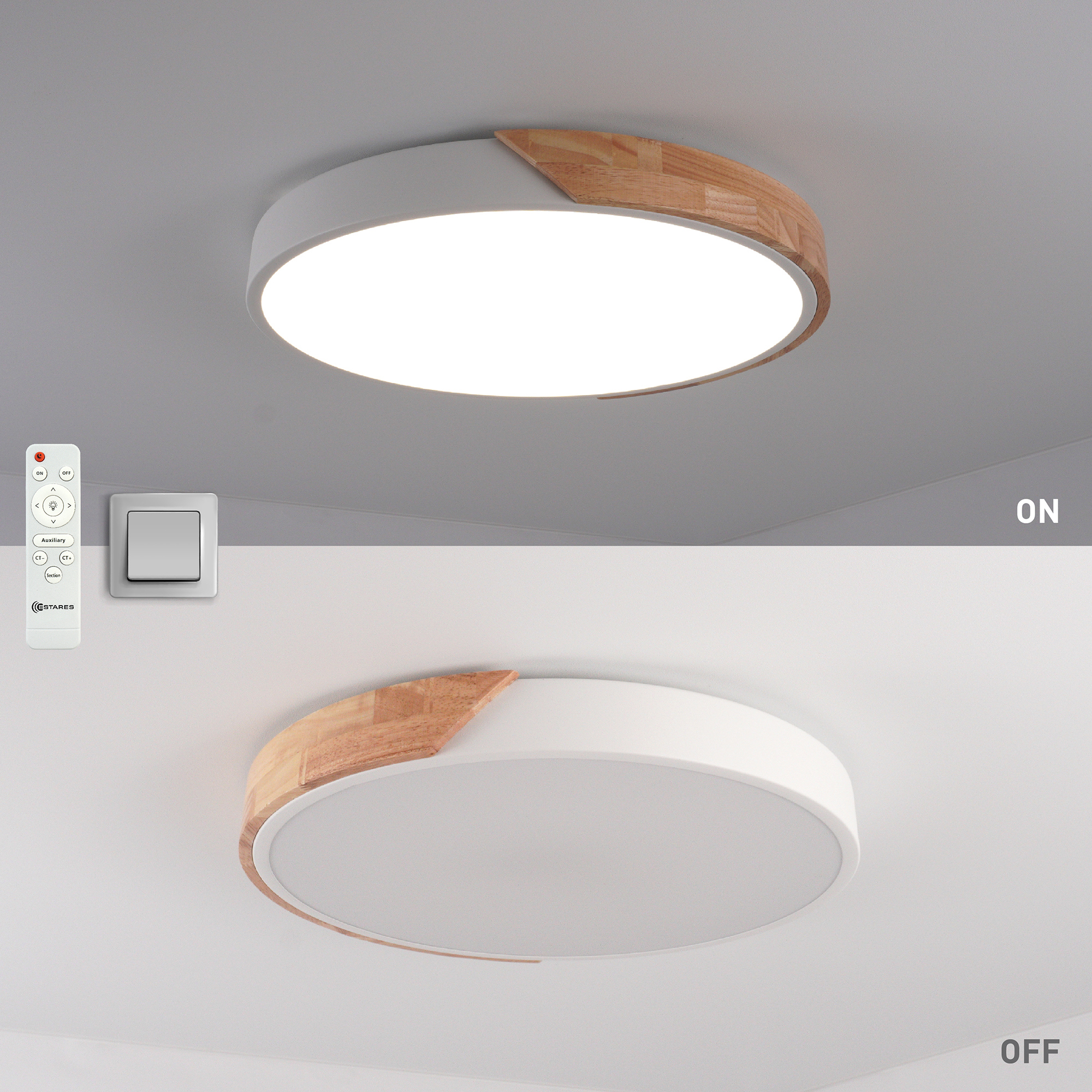Изображение товара Светильник настенно-потолочный светодиодный Solein wood с пультом управления R-RC-520x50 75 Вт регулируемый белый свет цвет белый