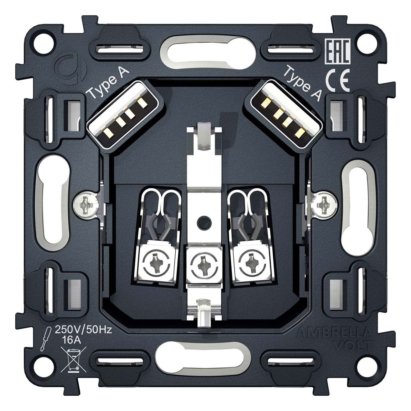 Изображение товара Встраиваемая розетка Ambrella Volt Альфа VM155 с USB заземлением 12 5 9 В серый