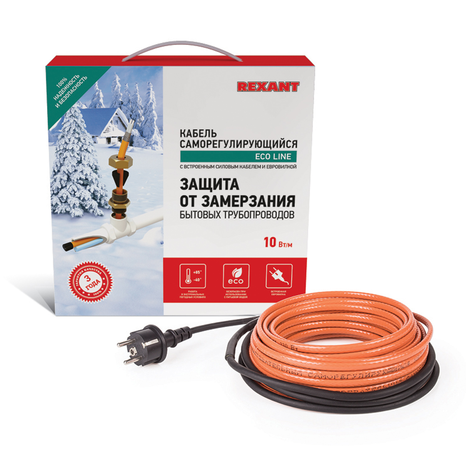 Изображение товара Греющий кабель Rexant для обогрева труб 10 м 100 Вт саморегулирующийся IP67