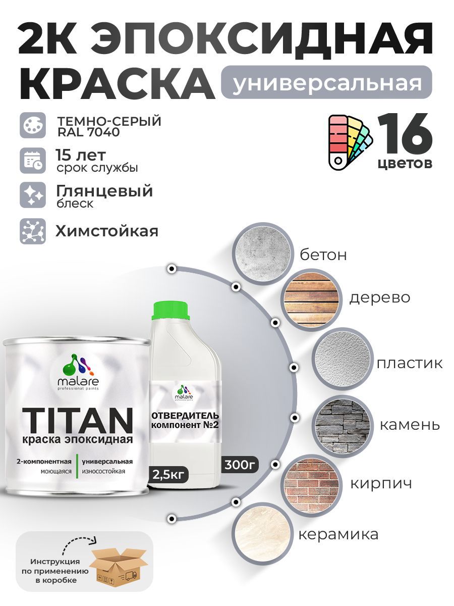 Изображение товара Краска эпоксидная двухкомпонентная Malare Titan высокопрочная глянцевая цвет RAL 7040 темно-серый 2.5 кг отвердитель 0.3 кг