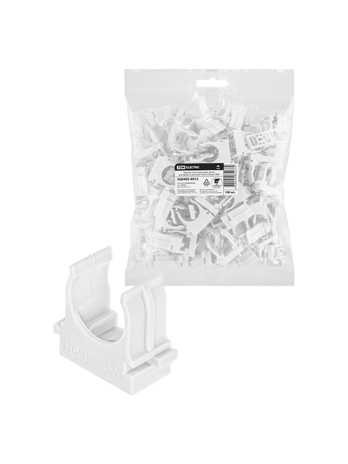 Изображение товара Крепеж-клипса для трубы 20 мм для прямого монтажа (100 шт.) белая TDM