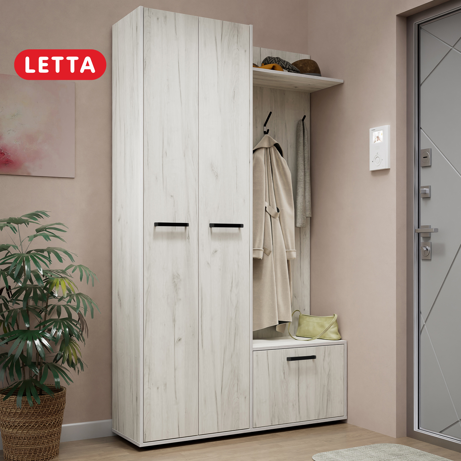 Изображение товара Комплект мебели для прихожей Letta Астерия L3536.06/3537.06 120x204.5x35.6 см ЛДСП цвет дуб крафт белый