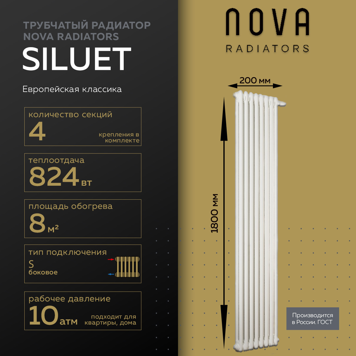Изображение товара Радиатор трубчатый Nova Siluet NS-T2-S 1725/70 4 секции боковое подключение сталь белый матовый
