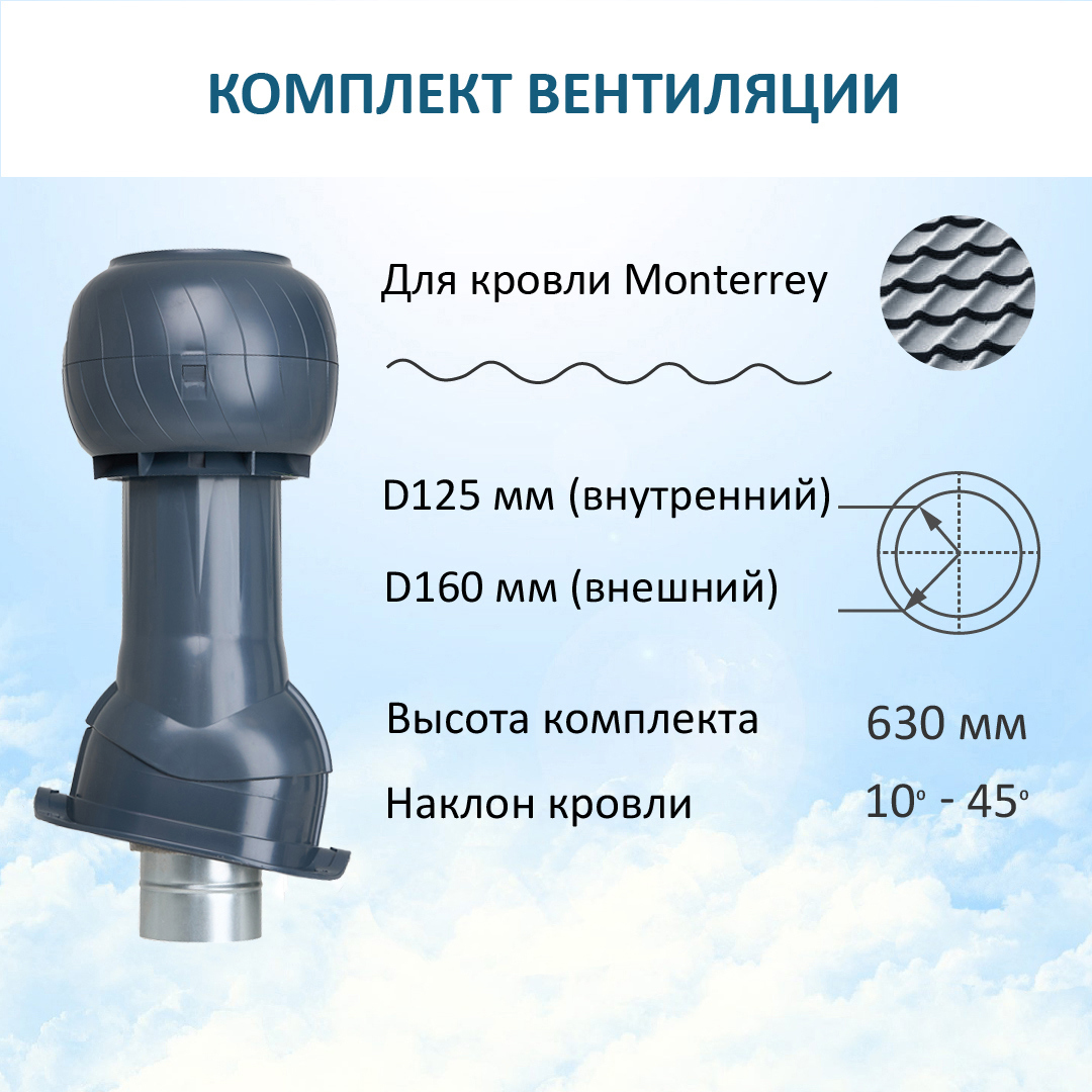 Изображение товара Комплект вентиляции для металлочерепицы Monterrey Gervent D125/160 мм серый Изображение товара Комплект вентиляции для металлочерепицы Monterrey Gervent D125/160 мм серый