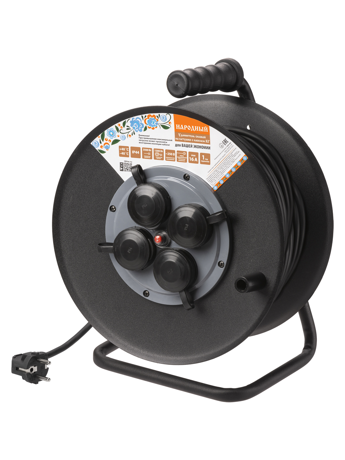 Изображение товара Удлинитель на катушке силовой Tdm electric SQ1307-0162 4 розетки с заземлением 50 м 3500 Вт цвет черный