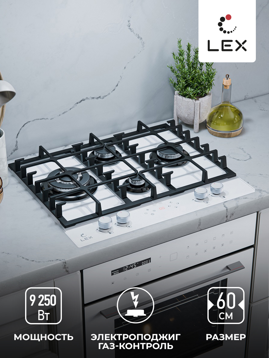 Изображение товара Газовая встраиваемая плита Lex 60 см 4 конфорки белая с таймером