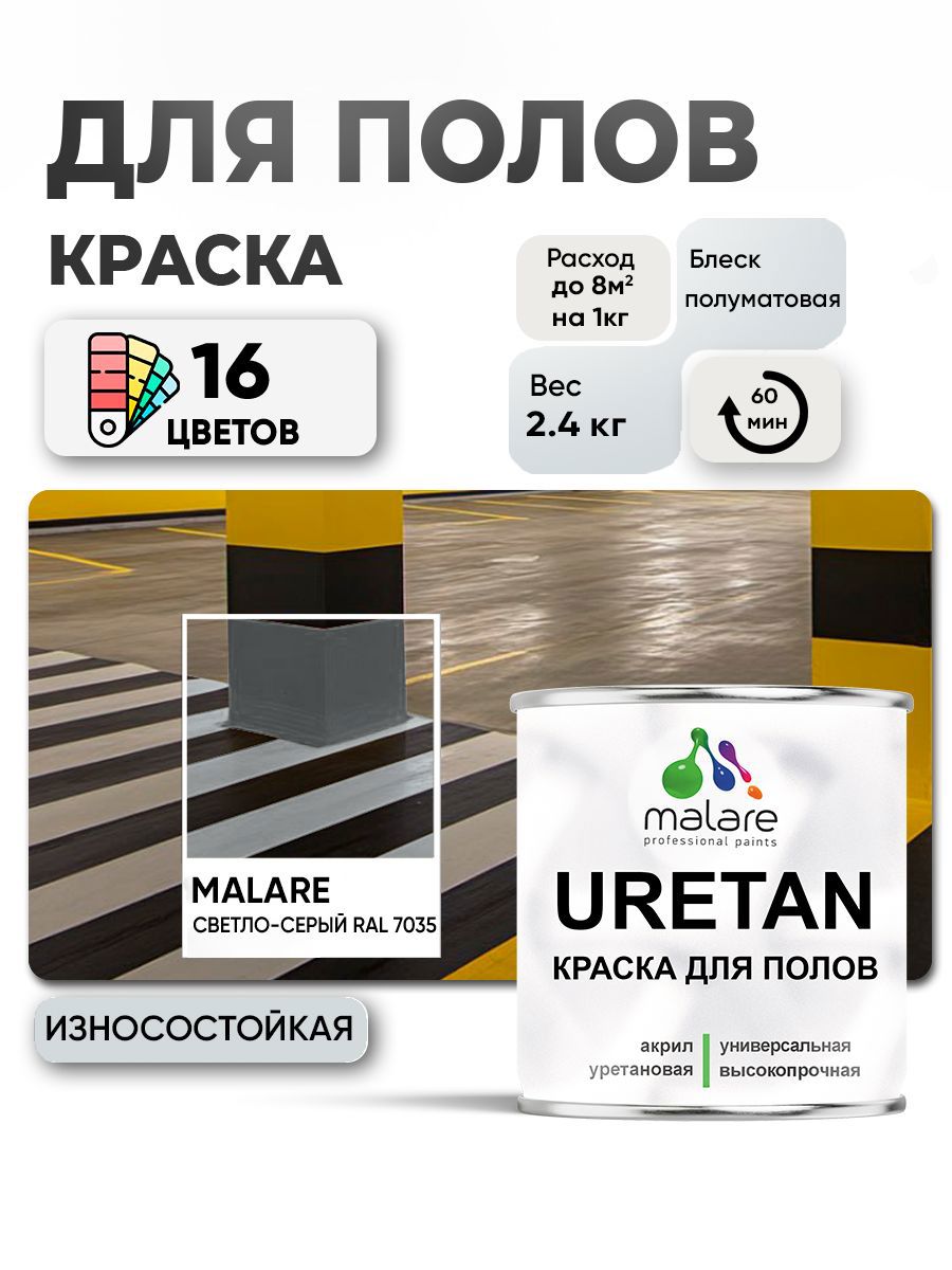 Изображение товара Эмаль для бетонных полов Malare Professional Uretan износостойкая полуматовая цвет RAL 7035 светло-серая 2.4 кг
