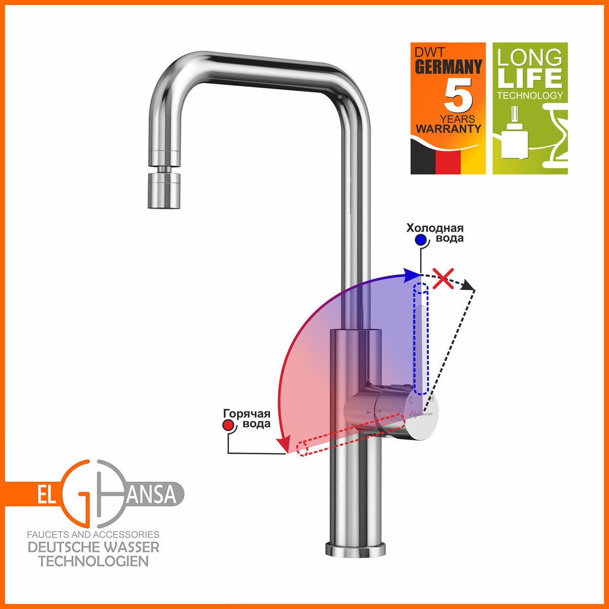 Изображение товара Смеситель для кухни с поворотным изливом и аэратором Elghansa 56A1498 хромированный