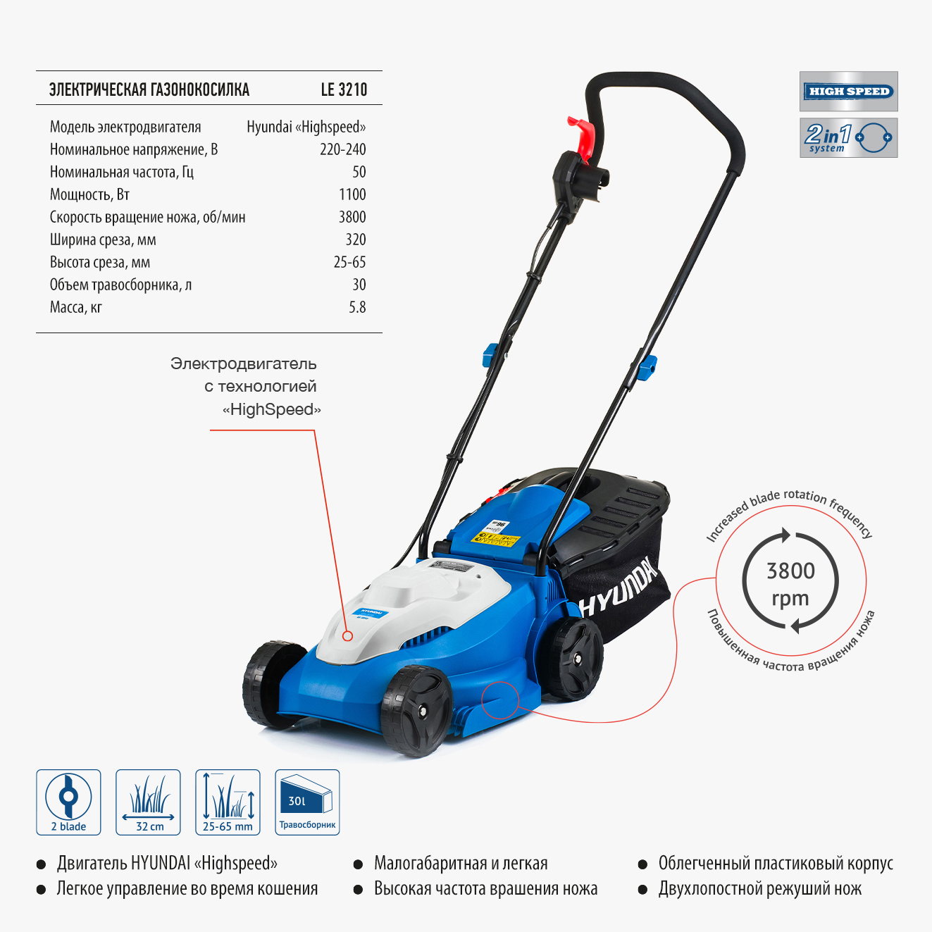 Изображение товара Газонокосилка электрическая Hyundai LE 3210 1100 Вт с травосборником