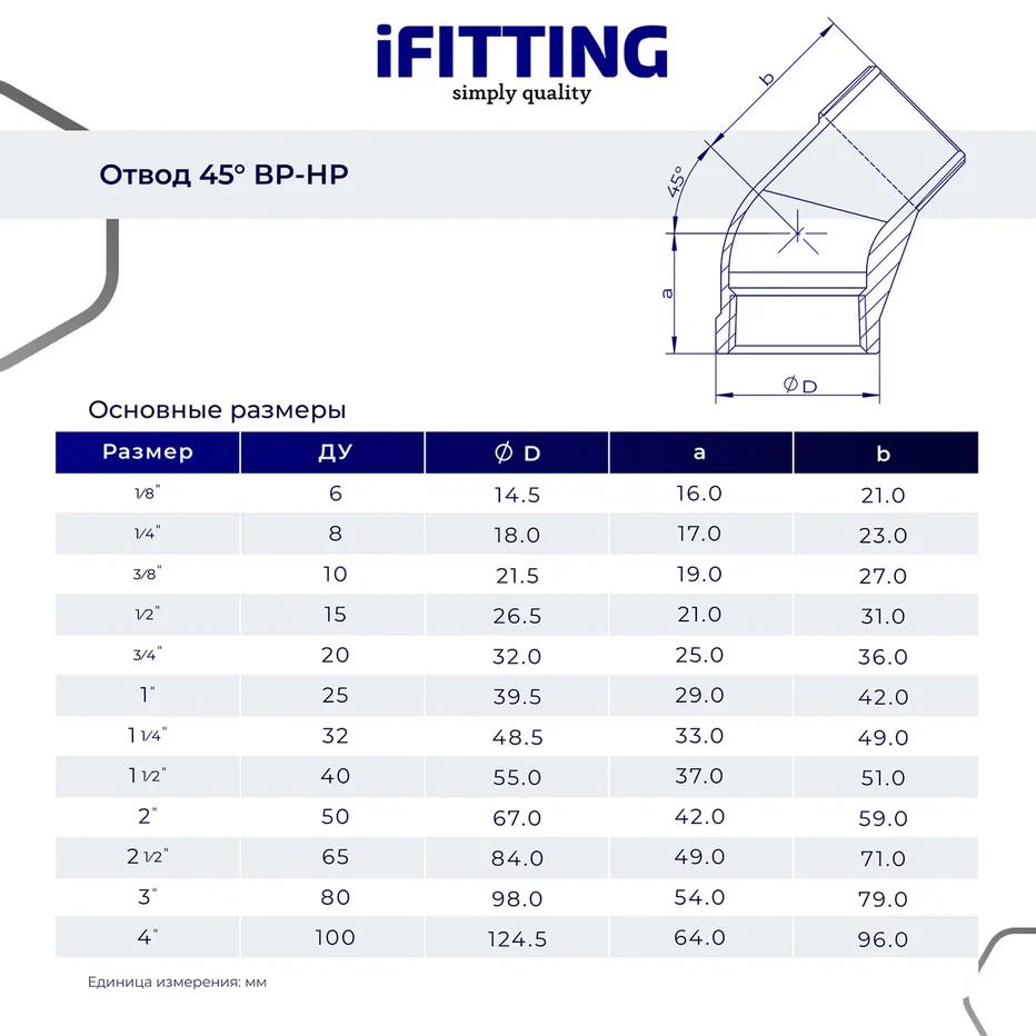 Изображение товара Отвод 45° из нержавеющей стали IFITTING MG-FEDM45 1 1/4"x1 1/4" для трубопроводов