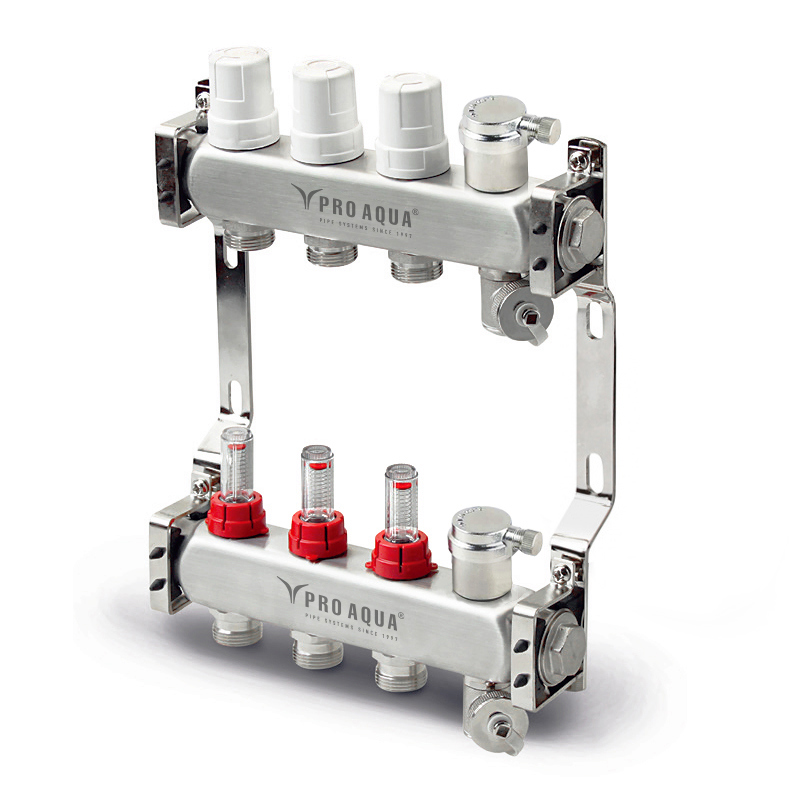 Изображение товара Коллекторная группа с расходомерами Pro Aqua V500MB.AV.04 1"x3/4" евроконус 4 выхода нержавеющая сталь