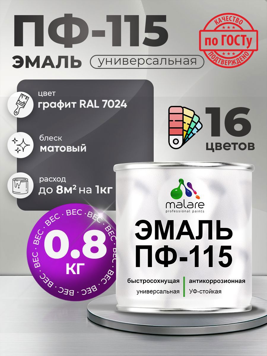Изображение товара Эмаль универсальная Malare Professional ПФ-115 антикоррозионная цвет RAL 7024 графит матовая 0.8 кг Изображение товара Эмаль универсальная Malare Professional ПФ-115 антикоррозионная цвет RAL 7024 графит матовая 0.8 кг