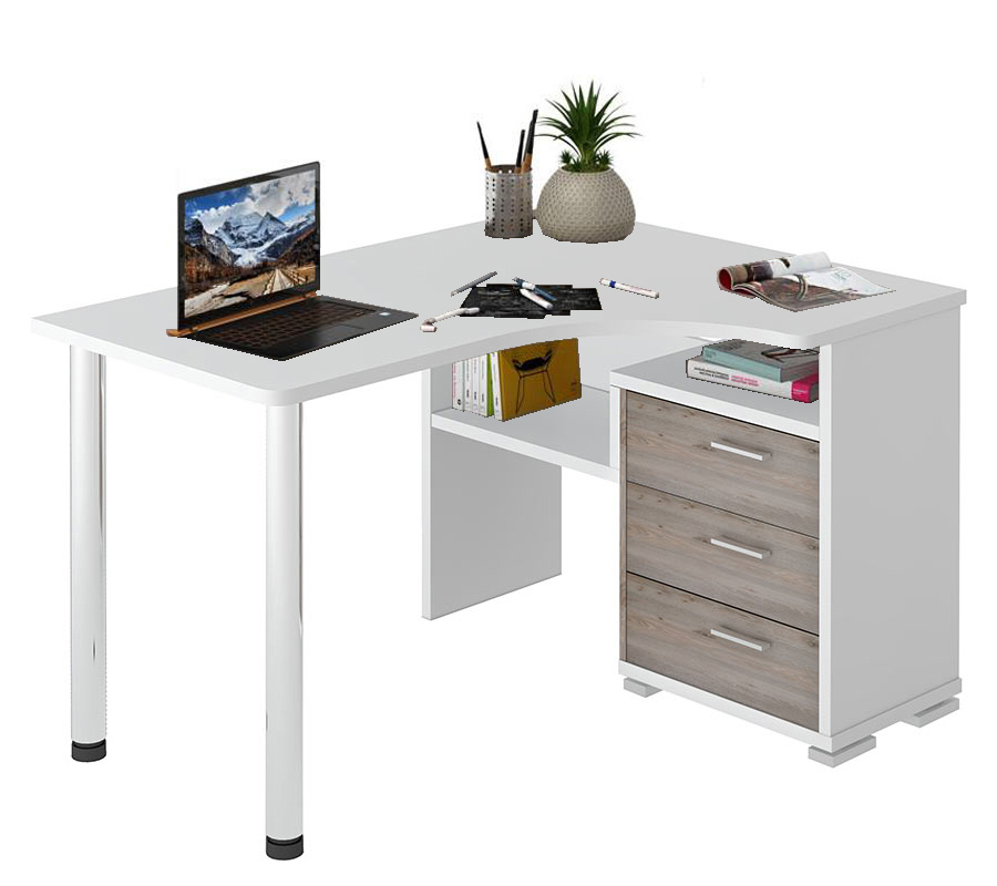 Изображение товара Стол Мэрдэс СР-132С-130 БЕН-ПРАВ из ЛДСП с ящиком белый и ясень шимо светлый