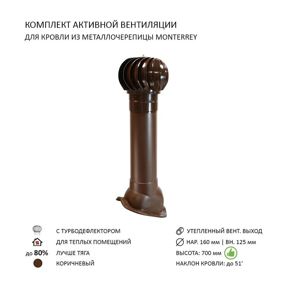 Изображение товара Турбодефлектор Polivent TD160 утепленный Н700 для металлочерепицы Monterrey цвет коричневый