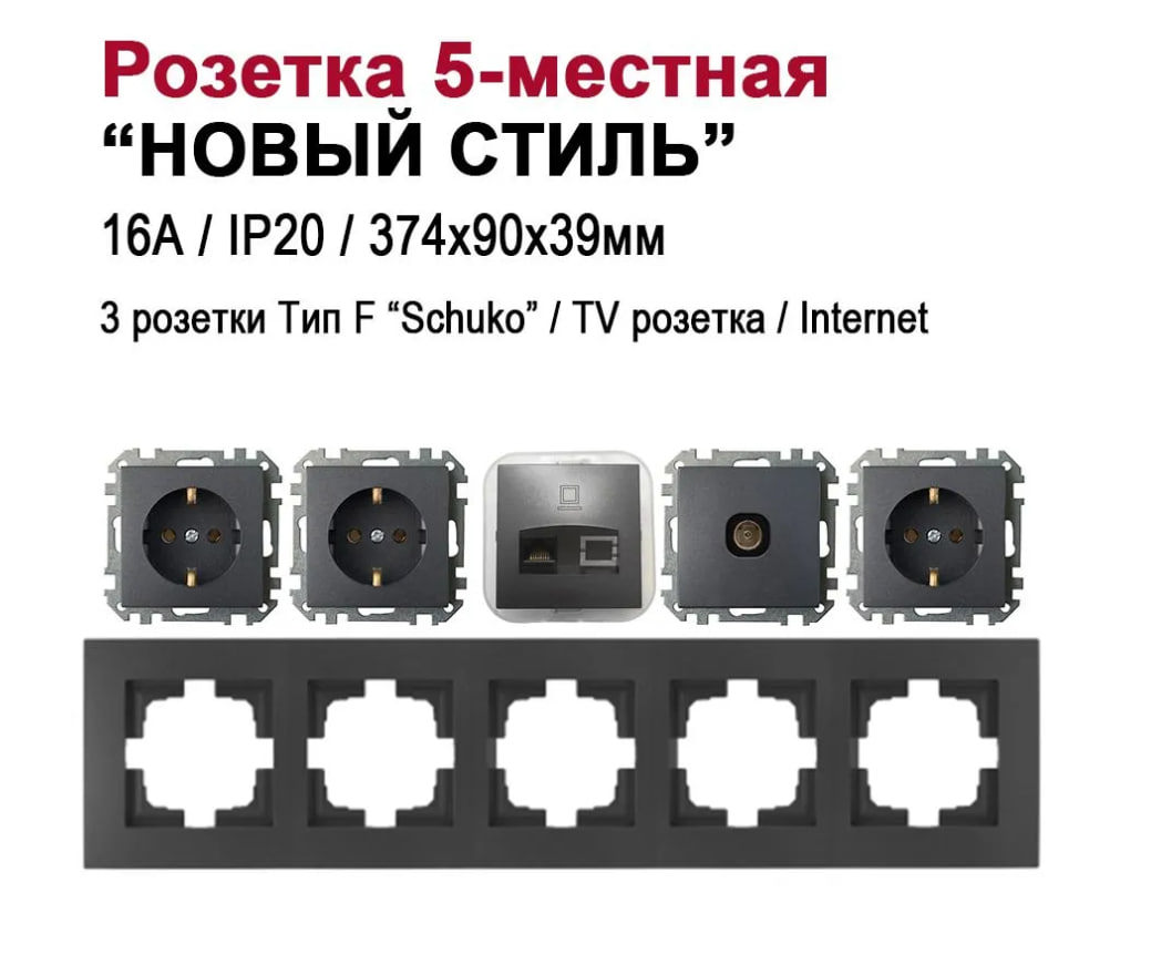 Изображение товара Встраиваемая 5-местная розетка с заземлением в стиле Новый Стиль Графит